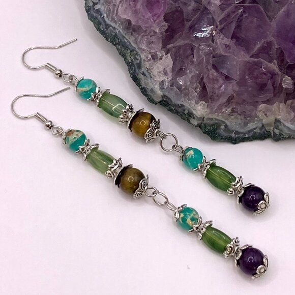Long Dangle Stone & Glass Beads Handmade Pierced Earrings LR135 - Picture 2 of 4